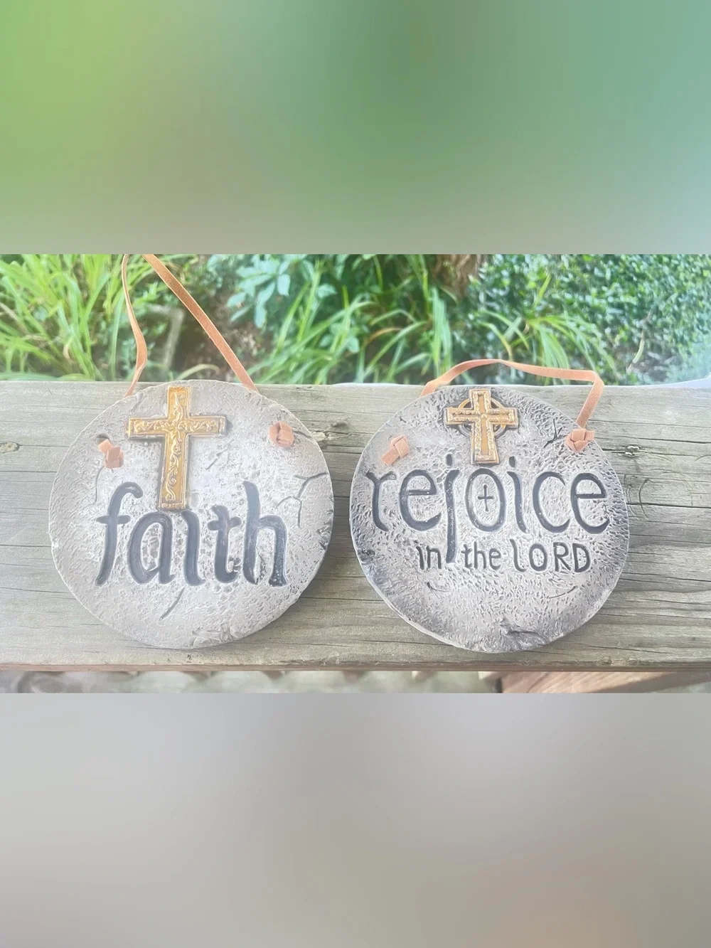 Inspirational Wall Hanging Plaques Faux Stone Leather Handle Set of 2